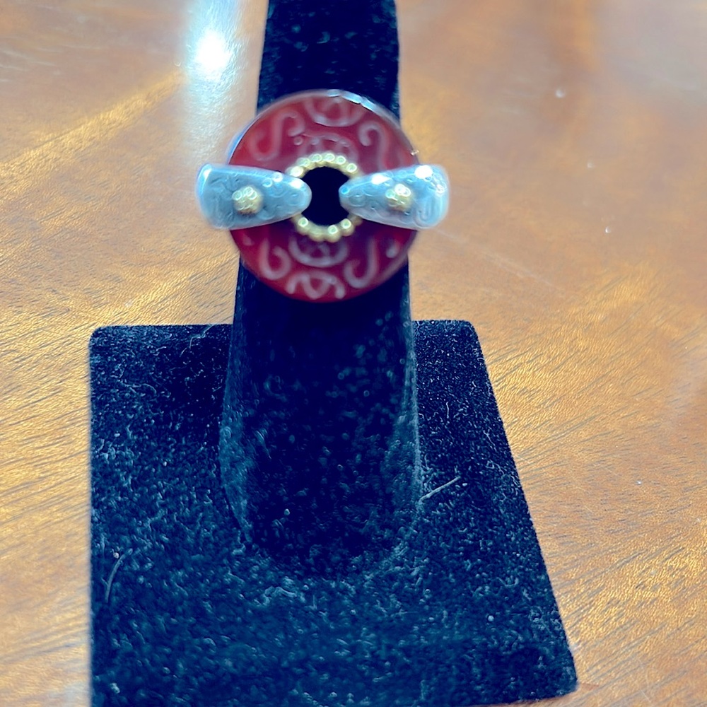 Red Etched Carnelian Statement Ring with Silver and Gold Accents